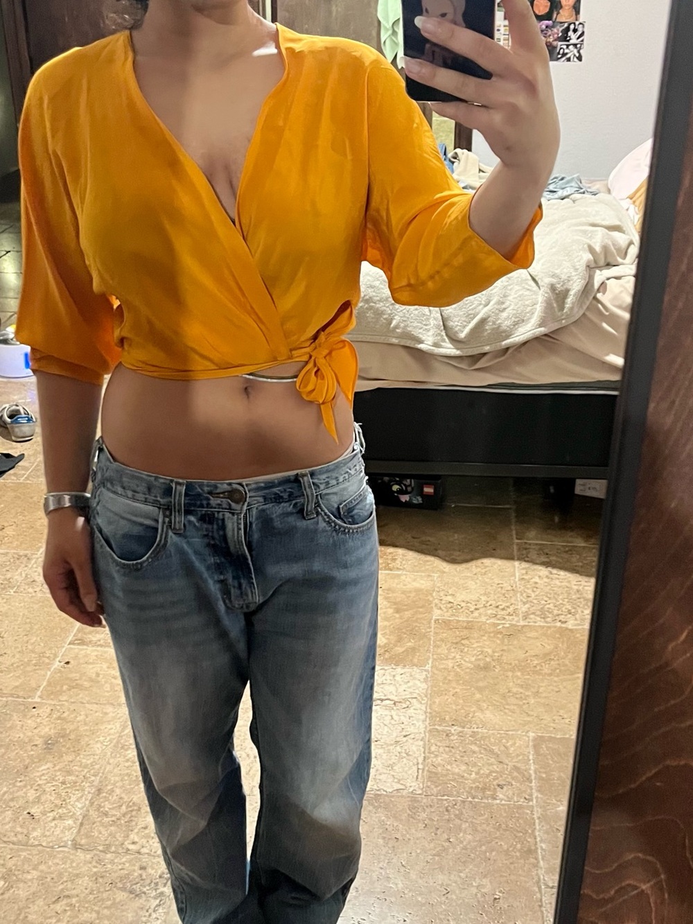 Vintage Golden Orange Satin Wrap Tie Crop Top - Picture 3 of 4